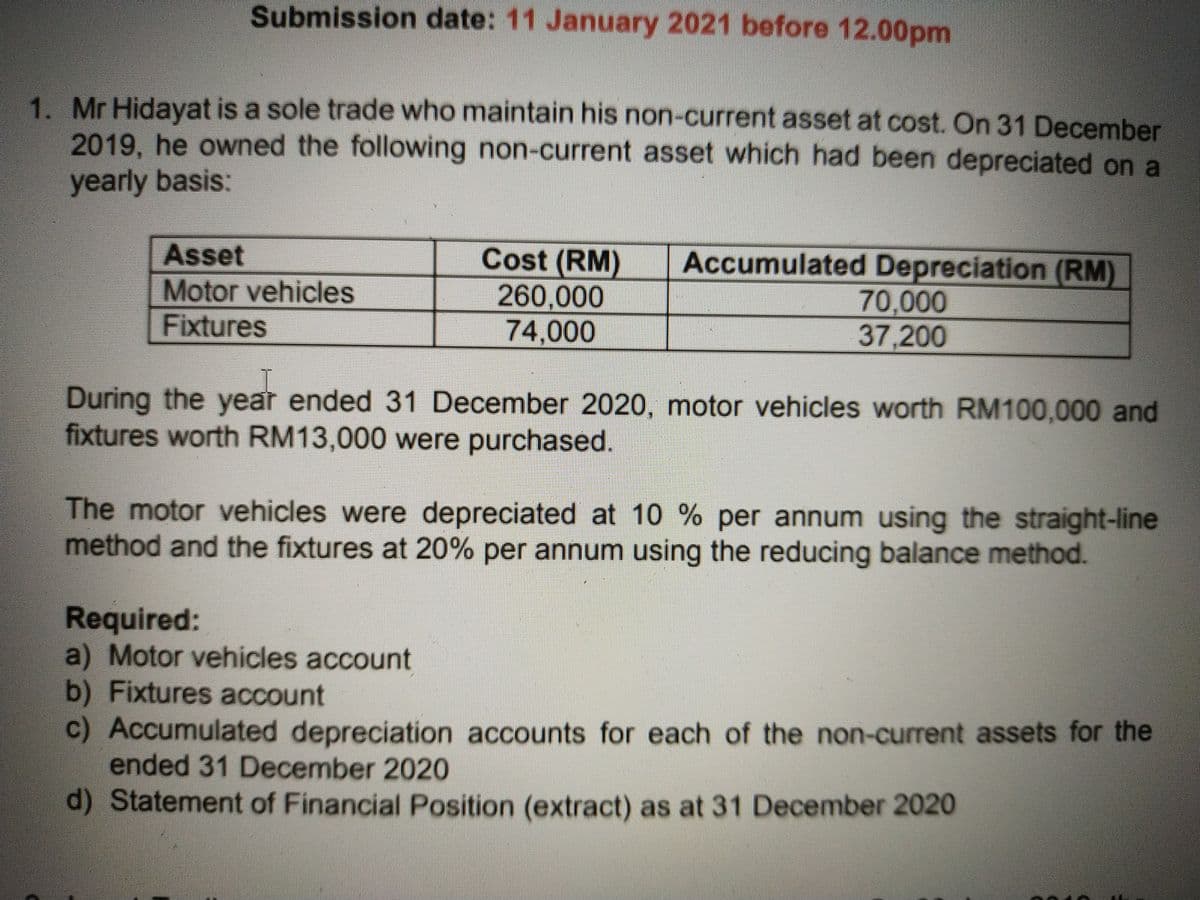 Submission date: 11 January 2021 before 12.00pm
1. Mr Hidayat is a sole trade who maintain his non-current asset at cost. On 31 December
2019, he owned the following non-current asset which had been depreciated on a
yearly basis:
Asset
Motor vehicles
Fixtures
Cost (RM)
260,000
74,000
Accumulated Depreciation (RM)
70,000
37,200
During the year ended 31 December 2020, motor vehicles worth RM100,000 and
fixtures worth RM13,000 were purchased.
The motor vehicles were depreciated at 10 % per annum using the straight-line
method and the fixtures at 20% per annum using the reducing balance method.
Required:
a) Motor vehicles account
b) Fixtures account
c) Accumulated depreciation accounts for each of the non-current assets for the
ended 31 December 2020
d) Statement of Financial Position (extract) as at 31 December 2020
