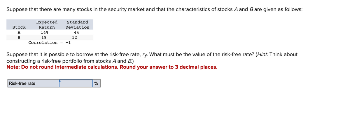 Suppose that there are many stocks in the security market and that the characteristics of stocks A and B are given as follows:
Expected
Return
Stock
A
B
Standard
Deviation
4%
14%
19
Correlation = -1
Risk-free rate
12
Suppose that it is possible to borrow at the risk-free rate, rf. What must be the value of the risk-free rate? (Hint: Think about
constructing a risk-free portfolio from stocks A and B.)
Note: Do not round intermediate calculations. Round your answer to 3 decimal places.
%