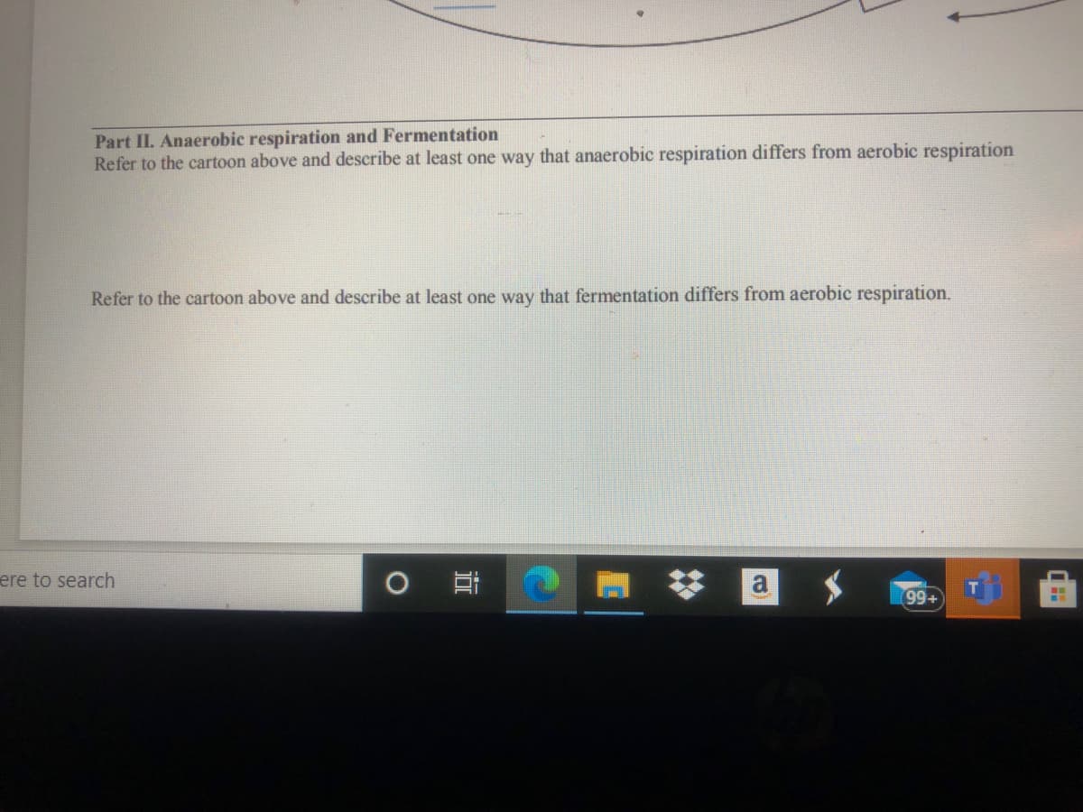 Part II. Anaerobic respiration and Fermentation
Refer to the cartoon above and describe at least one way that anaerobic respiration differs from aerobic respiration
Refer to the cartoon above and describe at least one way that fermentation differs from aerobic respiration.
ere to search
99+
