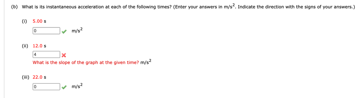 (b) What is its instantaneous acceleration at each of the following times? (Enter your answers in m/s. Indicate the direction with the signs of your answers.)
(i)
5.00 s
m/s?
(ii) 12.0 s
4
What is the slope of the graph at the given time? m/s
(iii) 22.0 s
m/s2
