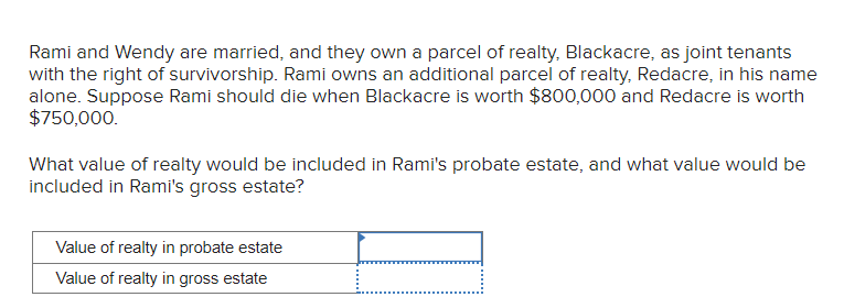 Rami and Wendy are married, and they own a parcel of realty, Blackacre, as joint tenants
with the right of survivorship. Rami owns an additional parcel of realty, Redacre, in his name
alone. Suppose Rami should die when Blackacre is worth $800,000 and Redacre is worth
$750,000.
What value of realty would be included in Rami's probate estate, and what value would be
included in Rami's gross estate?
Value of realty in probate estate
Value of realty in gross estate