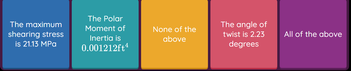 The maximum
shearing stress
is 21.13 MPa
The Polar
Moment of
Inertia is
0.001212ft4
None of the
above
The angle of
twist is 2.23
degrees
All of the above