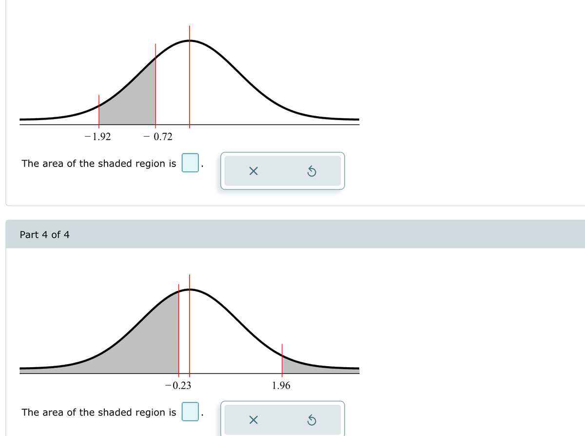 - 1.92
- 0.72
The area of the shaded region is
Part 4 of 4
☑
-0.23
The area of the shaded region is
☑
1.96