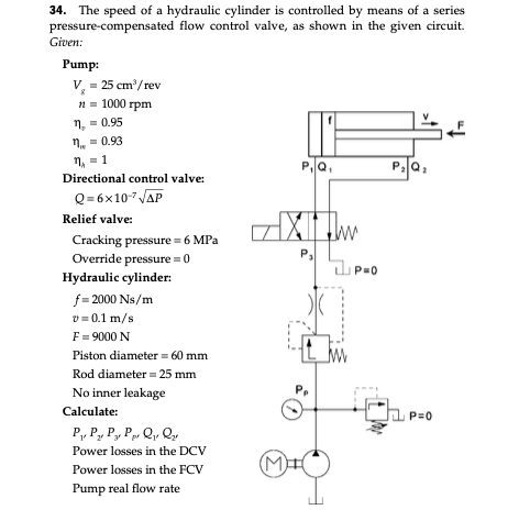 34. The speed of a hydraulic cylinder is controlled by means of a series
pressure-compensated flow control valve, as shown in the given circuit.
Given:
Pump:
V, = 25 cm'/rev
n = 1000 rpm
n, = 0.95
n. = 0.93
n. = 1
P,Q,
Pa,
Directional control valve:
Q= 6x10-7 VAP
Relief valve:
Cracking pressure = 6 MPa
P.
Override pressure = 0
P=0
Hydraulic cylinder:
f= 2000 Ns/m
v = 0.1 m/s
F= 9000 N
Piston diameter = 60 mm
Rod diameter = 25 mm
No inner leakage
Calculate:
P=0
P, P, P, Pp Qu Qy
Power losses in the DCV
M)
Power losses in the FCV
Pump real flow rate
