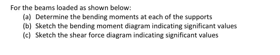 For the beams loaded as shown below:
(a) Determine the bending moments at each of the supports
(b) Sketch the bending moment diagram indicating significant values
(c) Sketch the shear force diagram indicating significant values
