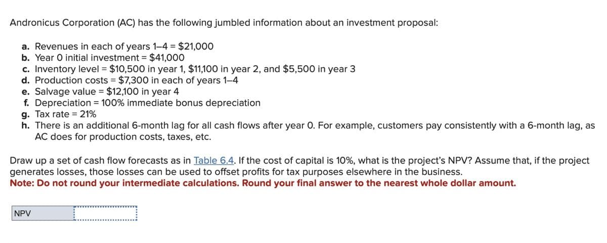 Andronicus Corporation (AC) has the following jumbled information about an investment proposal:
a. Revenues in each of years 1-4 = $21,000
b. Year O initial investment = $41,000
c. Inventory level = $10,500 in year 1, $11,100 in year 2, and $5,500 in year 3
d. Production costs $7,300 in each of years 1-4
e. Salvage value = $12,100 in year 4
f. Depreciation = 100% immediate bonus depreciation
g. Tax rate 21%
h. There is an additional 6-month lag for all cash flows after year 0. For example, customers pay consistently with a 6-month lag, as
AC does for production costs, taxes, etc.
Draw up a set of cash flow forecasts as in Table 6.4. If the cost of capital is 10%, what is the project's NPV? Assume that, if the project
generates losses, those losses can be used to offset profits for tax purposes elsewhere in the business.
Note: Do not round your intermediate calculations. Round your final answer to the nearest whole dollar amount.
NPV