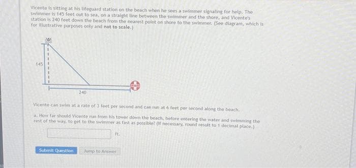 Vicente is sitting at his lifeguard station on the beach when he sees a swimmer signaling for help. The
swimmer is 145 feet out to sea, on a straight line between the swimmer and the shore, and Vicente's
station is 240 feet down the beach from the nearest point on shore to the swimmer. (See diagram, which is
for illustrative purposes only and not to scale.)
145
240
Vicente can swim at a rate of 3 feet per second and can run at 6 feet per second along the beach.
a. How far should Vicente run from his tower down the beach, before entering the water and swimming the
rest of the way, to get to the swimmer as fast as possible? (If necessary, round result to 1 decimal place.)
ft.
Submit Question Jump to Answer