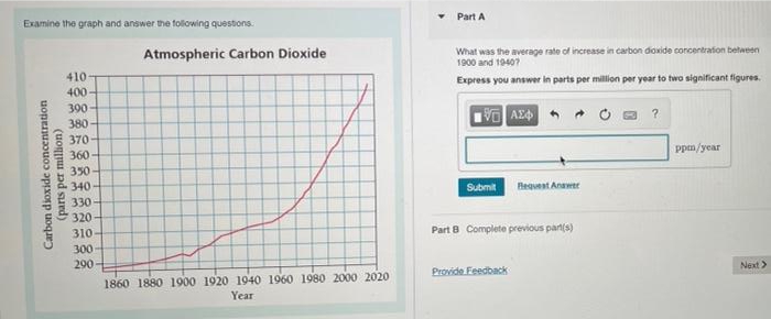 Part A
Examine the graph and answer the folowing questions.
Atmospheric Carbon Dioxide
What was the average rate of increase in carbon doxide concentration between
1900 and 19407
410
Express you answer in parts per million per year to two significant figures.
400-
390
380-
370
ppm/year
360
350
340
Submit
Bequest Anawer
330
320
310-
Part B Complete previous pan(s)
300
290
Next>
Provide Feedback
1860 1880 1900 1920 1940 1960 1980 2000 2020
Year
Carbon dioxide concentration
(parts per milion)
