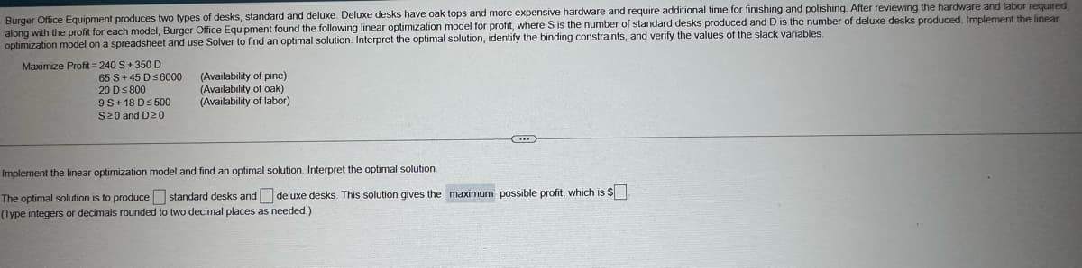 Burger Office Equipment produces two types of desks, standard and deluxe. Deluxe desks have oak tops and more expensive hardware and require additional time for finishing and polishing. After reviewing the hardware and labor required
along with the profit for each model, Burger Office Equipment found the following linear optimization model for profit, where S is the number of standard desks produced and D is the number of deluxe desks produced. Implement the linear
optimization model on a spreadsheet and use Solver to find an optimal solution. Interpret the optimal solution, identify the binding constraints, and verify the values of the slack variables.
Maximize Profit=240 S+350 D
65 S+45 D≤ 6000
20 D≤ 800
9 S+18 D≤500
S≥0 and D≥0
(Availability of pine)
(Availability of oak)
(Availability of labor)
Implement the linear optimization model and find an optimal solution. Interpret the optimal solution.
The optimal solution is to produce standard desks and
deluxe desks. This solution gives the maximum possible profit, which is $
(Type integers or decimals rounded to two decimal places as needed.)