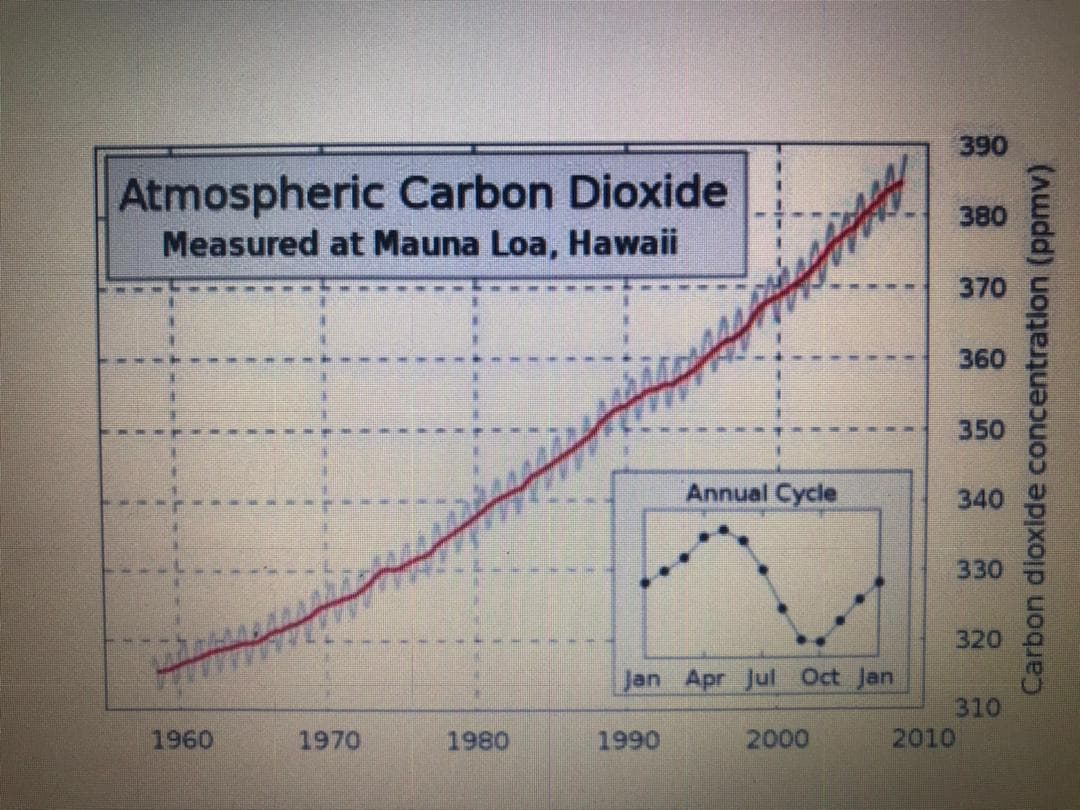 390
Atmospheric Carbon Dioxide
Measured at Mauna Loa, Hawaii
380
370
360
350
Annual Cycle
340
330
320
Jan Apr Jul Oct Jan
310
2010
1960
1970
1980
1990
2000
Carbon dioxide concentration (ppmv)

