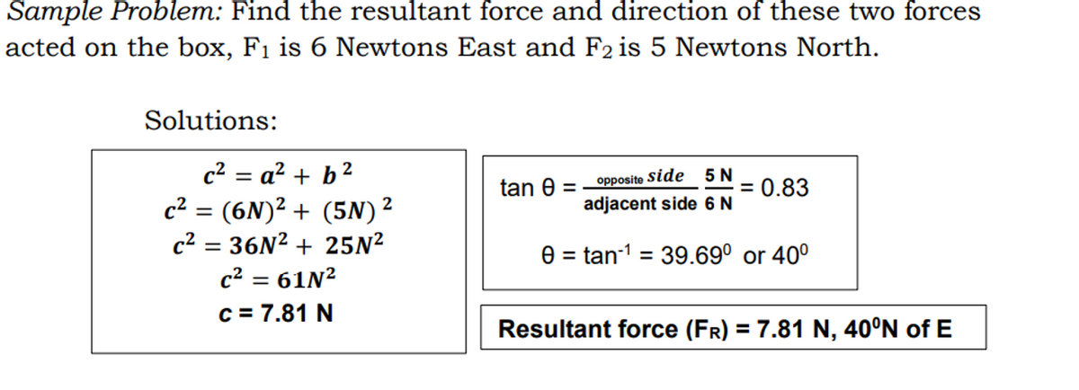 Sample Problem: Find the resultant force and direction of these two forces
acted on the box, F1 is 6 Newtons East and F2 is 5 Newtons North.
Solutions:
c2 = a² + b²
5 N
= 0.83
tan 0
opposite side
c2 = (6N)² + (5N)²
c2 = 36N? + 25N?
adjacent side 6 N
e = tan-1 = 39.69° or 40°
%3D
c2 = 61N?
c = 7.81 N
Resultant force (FR) = 7.81 N, 40°N of E
