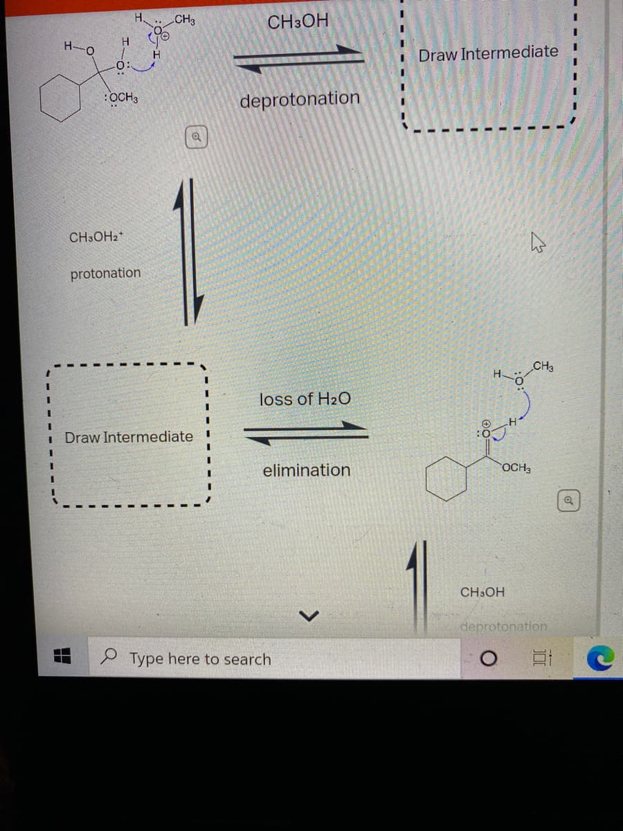 CH3
CH3OH
H.
Draw Intermediate
O:
:OCH3
deprotonation
CH3OH2*
protonation
CHa
loss of H2O
I Draw Intermediate
:0
elimination
OCH3
CH3OH
deprotonation
S Type here to search
