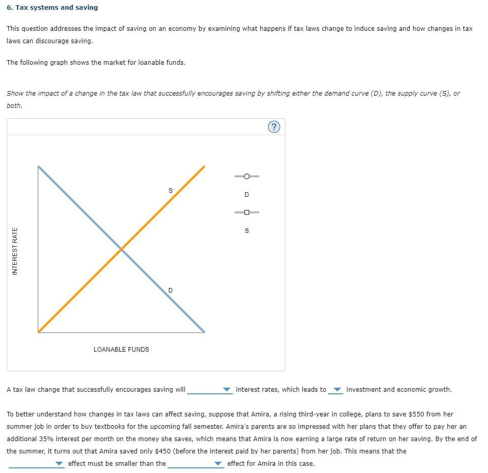 6. Tax systems and saving
This question addresses the impact of saving on an economy by examining what happens if tax laws change to induce saving and how changes in tax
laws can discourage saving.
The following graph shows the market for loanable funds.
Show the impact of a change in the tax law that successfully encourages saving by shifting either the demand curve (D), the supply curve (S), or
both.
INTEREST RATE
LOANABLE FUNDS
S
D
A tax law change that successfully encourages saving will
D
S
?
interest rates, which leads to
investment and economic growth.
To better understand how changes in tax laws can affect saving, suppose that Amira, a rising third-year in college, plans to save $550 from her
summer job in order to buy textbooks for the upcoming fall semester. Amira's parents are so impressed with her plans that they offer to pay her an
additional 35% interest per month on the money she saves, which means that Amira is now earning a large rate of return on her saving. By the end of
the summer, it turns out that Amira saved only $450 (before the interest paid by her parents) from her job. This means that the
effect must be smaller than the
effect for Amira in this case.