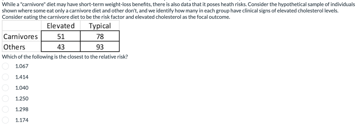 While a "carnivore" diet may have short-term weight-loss benefits, there is also data that it poses heath risks. Consider the hypothetical sample of individuals
shown where some eat only a carnivore diet and other don't, and we identify how many in each group have clinical signs of elevated cholesterol levels.
Consider eating the carnivore diet to be the risk factor and elevated cholesterol as the focal outcome.
Elevated
Typical
Carnivores
51
78
Others
43
93
Which of the following is the closest to the relative risk?
1.067
OO
1.414
1.040
1.250
1.298
1.174