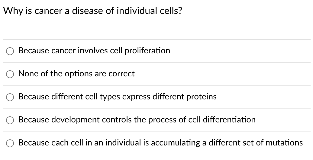 Why is cancer a disease of individual cells?
Because cancer involves cell proliferation
None of the options are correct
Because different cell types express different proteins
Because development controls the process of cell differentiation
Because each cell in an individual is accumulating a different set of mutations

