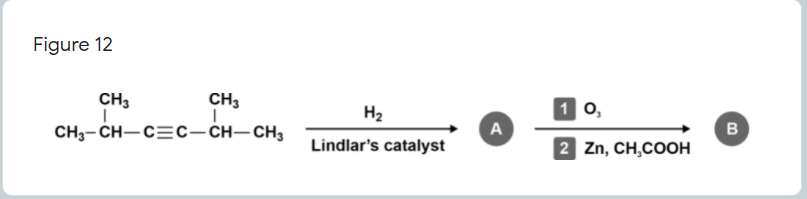 Figure 12
CH3
CH3
o,
H2
CH3-CH-C=C–CH–CH3
A
в
Lindlar's catalyst
2 Zn, CH,COOH
