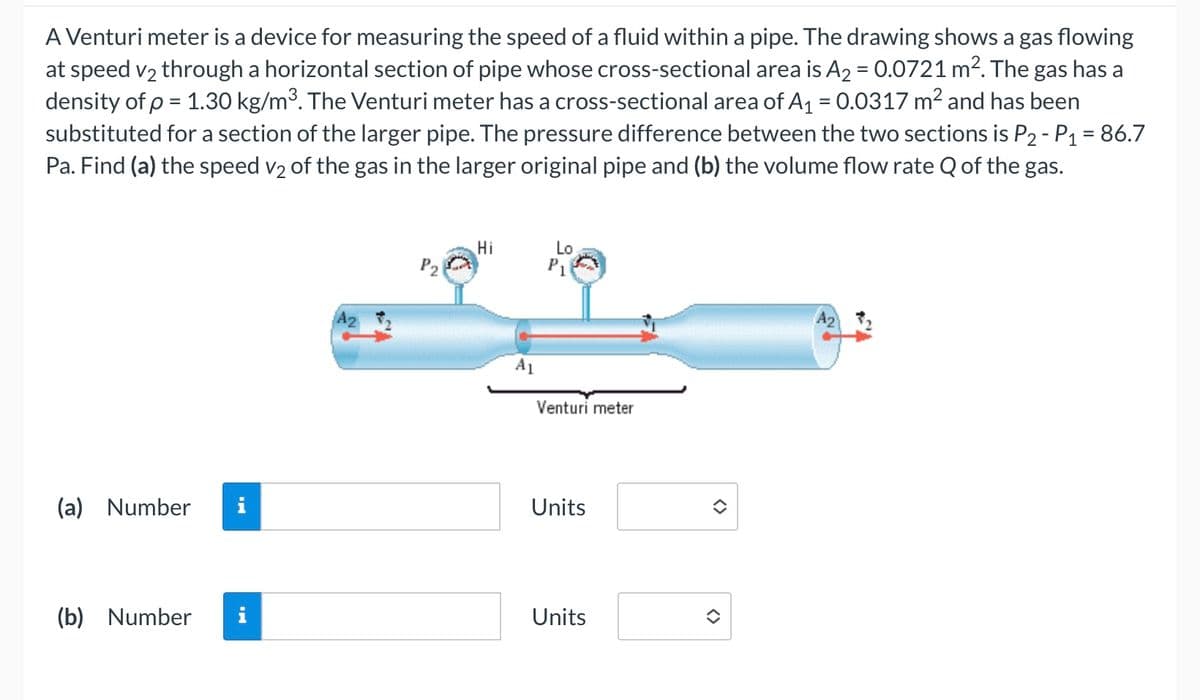 A Venturi meter is a device for measuring the speed of a fluid within a pipe. The drawing shows a gas flowing
at speed v₂ through a horizontal section of pipe whose cross-sectional area is A₂ = 0.0721 m². The gas has a
density of p = 1.30 kg/m³. The Venturi meter has a cross-sectional area of A₁ = 0.0317 m² and has been
substituted for a section of the larger pipe. The pressure difference between the two sections is P2 - P₁ = 86.7
Pa. Find (a) the speed v₂ of the gas in the larger original pipe and (b) the volume flow rate Q of the gas.
(a) Number i
(b) Number i
P₂
Hi
A1
Lo
P₁
Venturi meter
Units
Units
<>