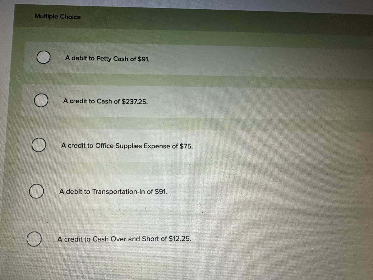 Multiple Choice
A debit to Petty Cash of $91.
A credit to Cash of $237.25.
A credit to Office Supplies Expense of $75.
A debit to Transportation-In of $91.
A credit to Cash Over and Short of $12.25.