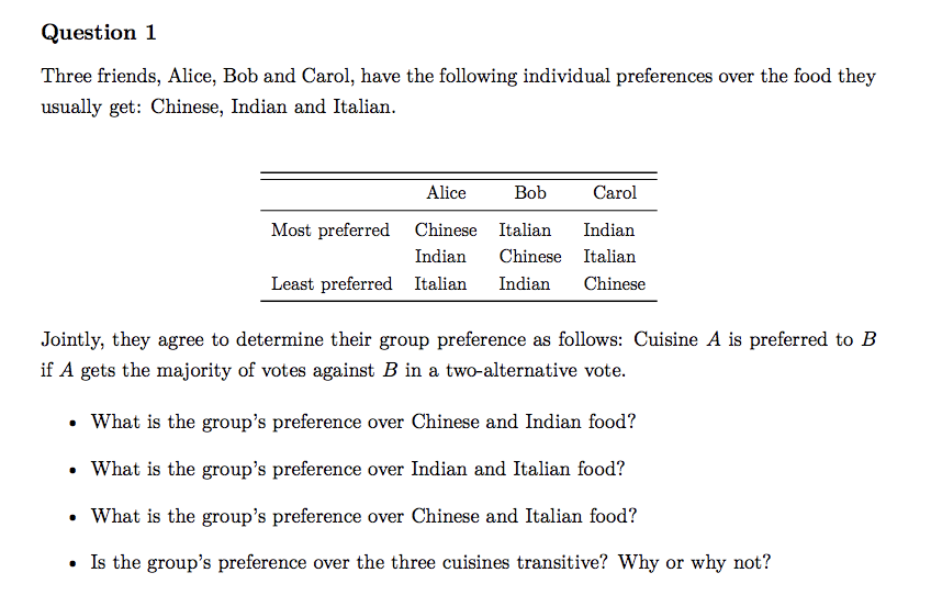 Question 1
Three friends, Alice, Bob and Carol, have the following individual preferences over the food they
usually get: Chinese, Indian and Italian.
Alice
Bob
Carol
Chinese Italian Indian
Indian
Chinese
Italian
Least preferred Italian Indian Chinese
Most preferred
Jointly, they agree to determine their group preference as follows: Cuisine A is preferred to B
if A gets the majority of votes against B in a two-alternative vote.
• What is the group's preference over Chinese and Indian food?
• What is the group's preference over Indian and Italian food?
• What is the group's preference over Chinese and Italian food?
• Is the group's preference over the three cuisines transitive? Why or why not?