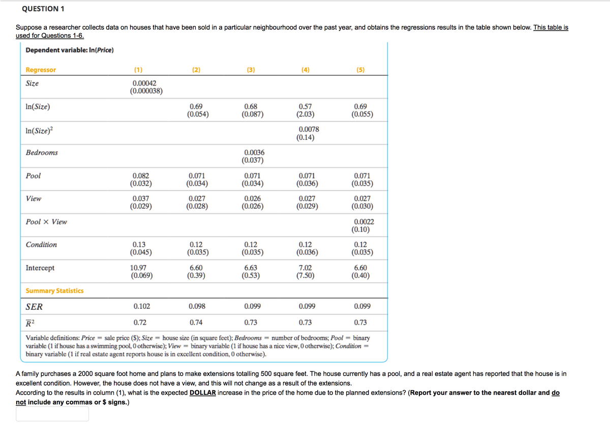 QUESTION 1
Suppose a researcher collects data on houses that have been sold in a particular neighbourhood over the past year, and obtains the regressions results in the table shown below. This table is
used for Questions 1-6.
Dependent variable: In(Price)
Regressor
(1)
(2)
(3)
(4)
(5)
0.00042
(0.000038)
Size
In(Size)
0.57
(2.03)
0.69
0.68
0.69
(0.055)
(0.054)
(0.087)
In(Size)²
0.0078
(0.14)
Bedrooms
0.0036
(0.037)
Рol
0.082
0.071
0.071
0.071
0.071
(0.032)
(0.034)
(0.034)
(0.036)
(0.035)
0.037
0.027
0.026
0.027
0.027
(0.030)
View
(0.029)
(0.028)
(0.026)
(0.029)
Pool x View
0.0022
(0.10)
0.12
(0.035)
Condition
0.13
0.12
0.12
(0.035)
0.12
(0.045)
(0.035)
(0.036)
6.63
(0.53)
Intercept
10.97
6.60
7.02
6.60
(0.069)
(0.39)
(7.50)
(0.40)
Summary Statistics
SER
0.102
0.098
0.099
0.099
0.099
R?
0.72
0.74
0.73
0.73
0.73
Variable definitions: Price = sale price ($); Size = house size (in square feet); Bedrooms = number of bedrooms; Pool = binary
variable (1 if house has a swimming pool, 0 otherwise); View = binary variable (1 if house has a nice view, 0 otherwise); Condition =
binary variable (1 if real estate agent reports house is in excellent condition, 0 otherwise).
A family purchases a 2000 square foot home and plans to make extensions totalling 500 square feet. The house currently has a pool, and a real estate agent has reported that the house is in
excellent condition. However, the house does not have a view, and this will not change as a result of the extensions.
According to the results in column (1), what is the expected DOLLAR increase in the price of the home due to the planned extensions? (Report your answer to the nearest dollar and do
not include any commas or $ signs.)
