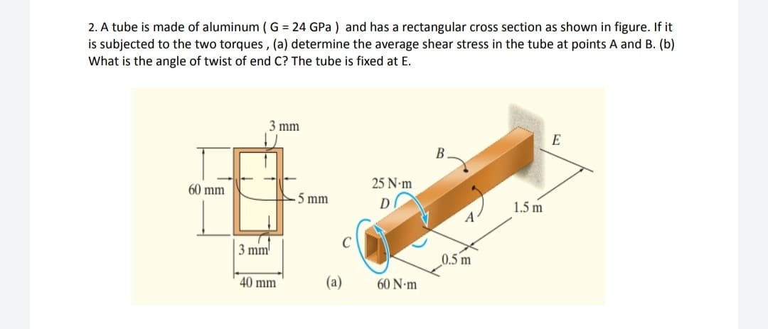 2. A tube is made of aluminum ( G = 24 GPa ) and has a rectangular cross section as shown in figure. If it
is subjected to the two torques, (a) determine the average shear stress in the tube at points A and B. (b)
What is the angle of twist of end C? The tube is fixed at E.
3 mm
E
B.
25 N-m
60 mm
5 mm
D
1.5 m
3 mm
0.5 m
40 mm
(a)
60 N•m
