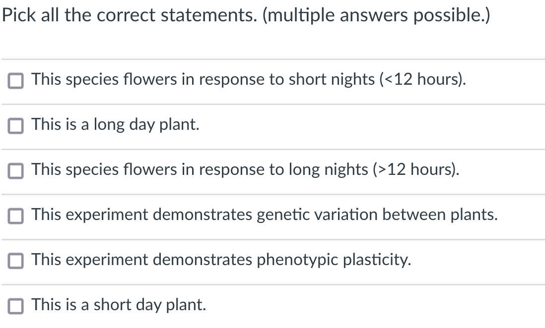 Pick all the correct statements. (multiple answers possible.)
This species flowers in response to short nights (<12 hours).
This is a long day plant.
This species flowers in response to long nights (>12 hours).
This experiment demonstrates genetic variation between plants.
This experiment demonstrates phenotypic plasticity.
This is a short day plant.