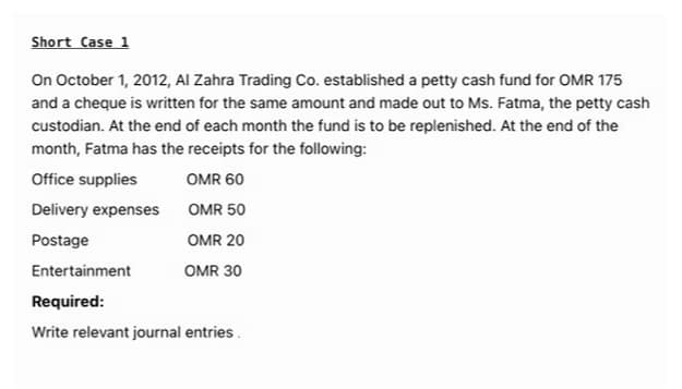 Short Case 1
On October 1, 2012, Al Zahra Trading Co. established a petty cash fund for OMR 175
and a cheque is written for the same amount and made out to Ms. Fatma, the petty cash
custodian. At the end of each month the fund is to be replenished. At the end of the
month, Fatma has the receipts for the following:
Office supplies
OMR 60
Delivery expenses
OMR 50
Postage
OMR 20
Entertainment
OMR 30
Required:
Write relevant journal entries.

