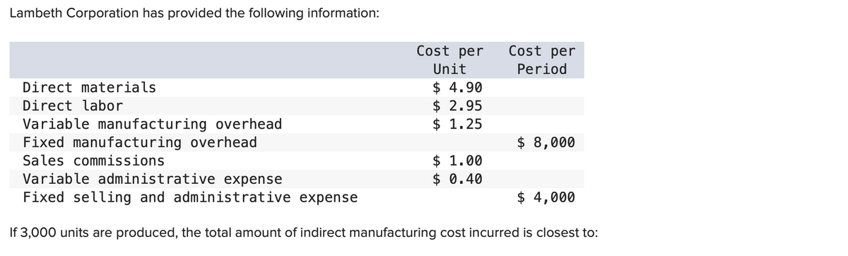 Lambeth Corporation has provided the following information:
Direct materials
Direct labor
Variable manufacturing overhead
Fixed manufacturing overhead
Sales commissions
Cost per
Unit
$ 4.90
$ 2.95
$ 1.25
$ 1.00
$ 0.40
Cost per
Period
$ 8,000
Variable administrative expense
Fixed selling and administrative expense
$ 4,000
If 3,000 units are produced, the total amount of indirect manufacturing cost incurred is closest to: