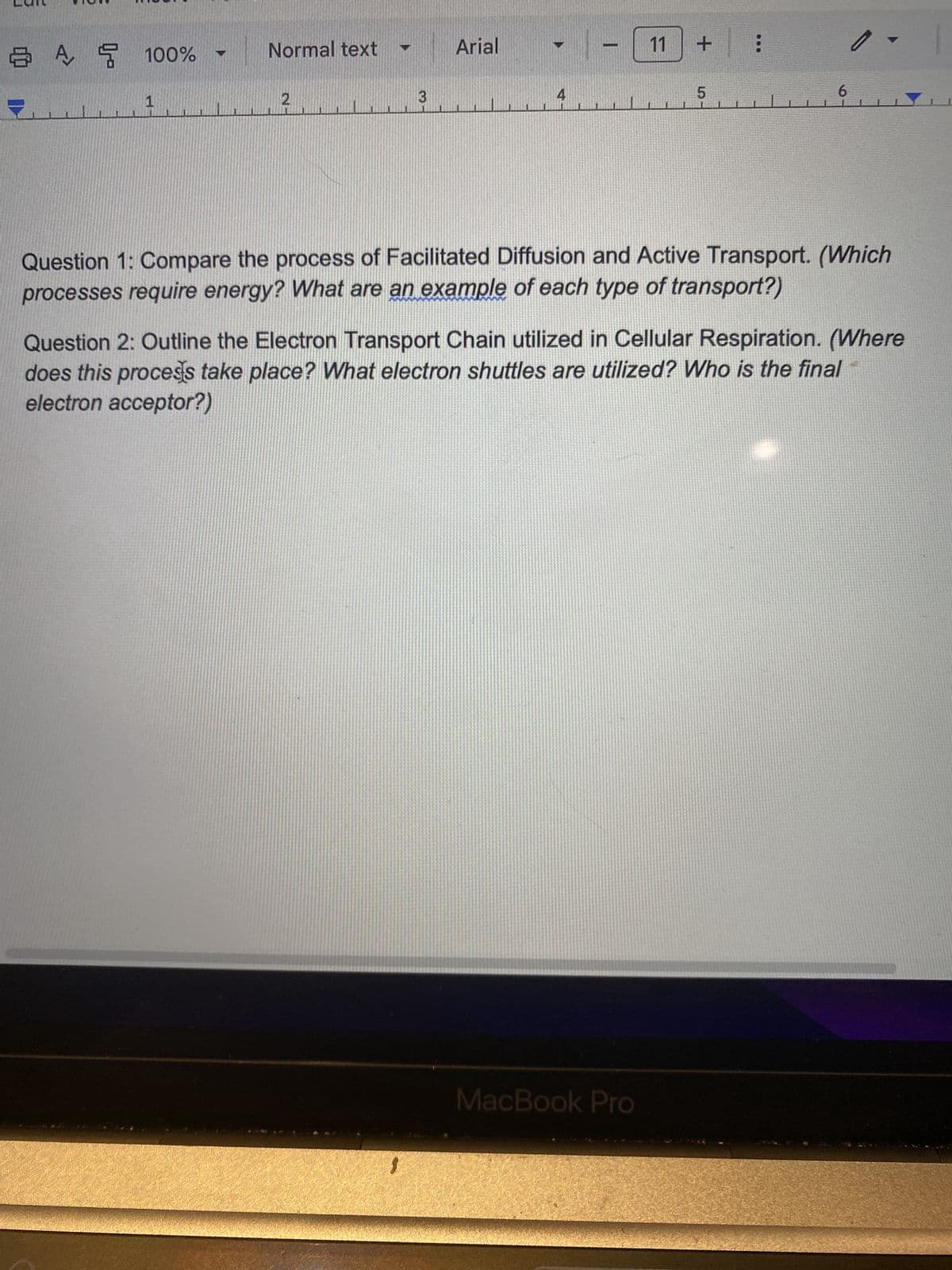 8 A 100%
1
Normal text
2
3
Arial
$
4
11 +
5
MacBook Pro
:
Question 1: Compare the process of Facilitated Diffusion and Active Transport. (Which
processes require energy? What are an example of each type of transport?)
6
Question 2: Outline the Electron Transport Chain utilized in Cellular Respiration. (Where
does this process take place? What electron shuttles are utilized? Who is the final
electron acceptor?)