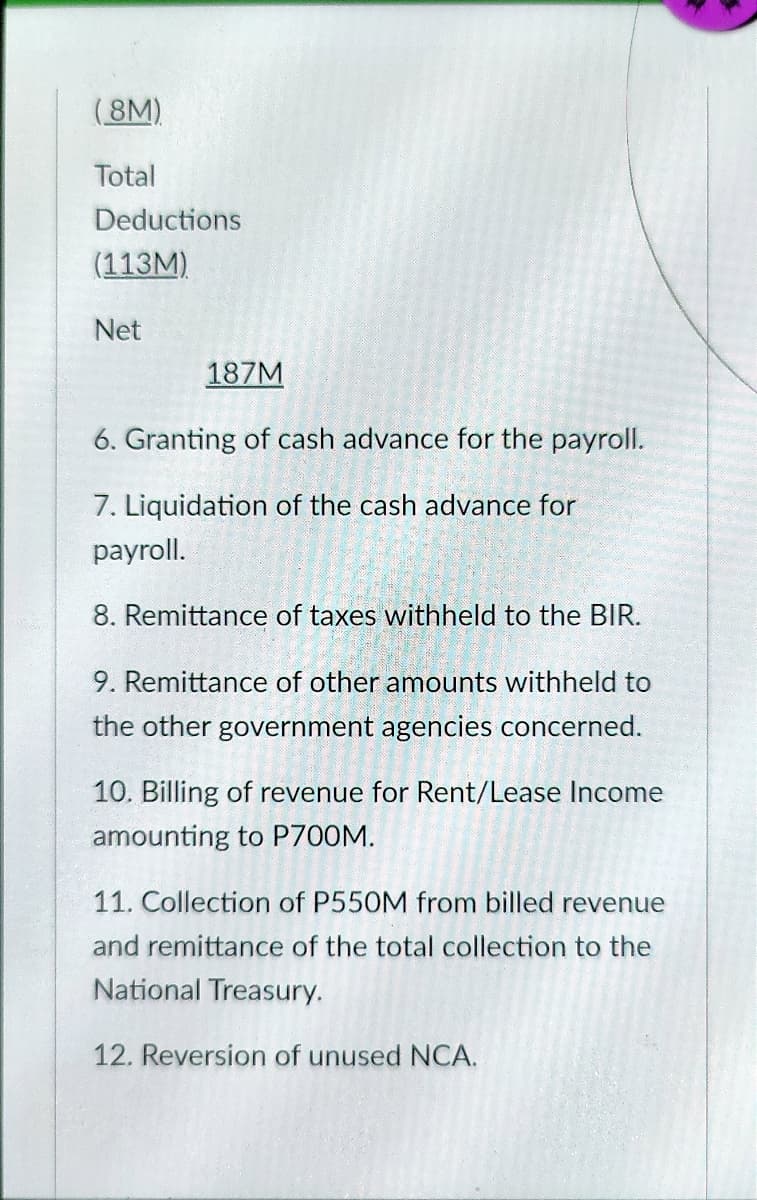 ( 8M)
Total
Deductions
(113M)
Net
187M
6. Granting of cash advance for the payroll.
7. Liquidation of the cash advance for
payroll.
8. Remittance of taxes withheld to the BIR.
9. Remittance of other amounts withheld to
the other government agencies concerned.
10. Billing of revenue for Rent/Lease Income
amounting to P700M.
11. Collection of P550M from billed revenue
and remittance of the total collection to the
National Treasury.
12. Reversion of unused NCA.
