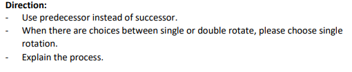 Direction:
Use predecessor instead of successor.
When there are choices between single or double rotate, please choose single
rotation.
Explain the process.