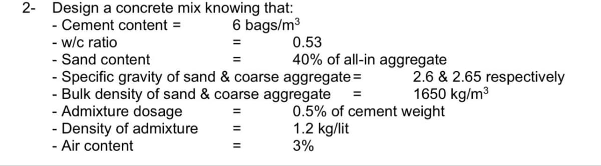 2-
Design a concrete mix knowing that:
- Cement content =
- w/c ratio
- Sand content
6 bags/m³
=
0.53
=
40% of all-in aggregate
- Specific gravity of sand & coarse aggregate =
- Bulk density of sand & coarse aggregate =
- Admixture dosage
- Density of admixture
- Air content
2.6 & 2.65 respectively
1650 kg/m³
0.5% of cement weight
=
=
1.2 kg/lit
=
3%