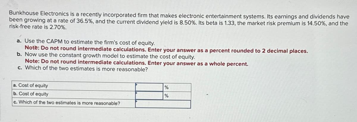 Bunkhouse Electronics is a recently incorporated firm that makes electronic entertainment systems. Its earnings and dividends have
been growing at a rate of 36.5%, and the current dividend yield is 8.50%. Its beta is 1.33, the market risk premium is 14.50%, and the
risk-free rate is 2.70%.
a. Use the CAPM to estimate the firm's cost of equity.
Note: Do not round intermediate calculations. Enter your answer as a percent rounded to 2 decimal places.
b. Now use the constant growth model to estimate the cost of equity.
Note: Do not round intermediate calculations. Enter your answer as a whole percent.
c. Which of the two estimates is more reasonable?
a. Cost of equity
%
%
c. Which of the two estimates is more reasonable?
b. Cost of equity