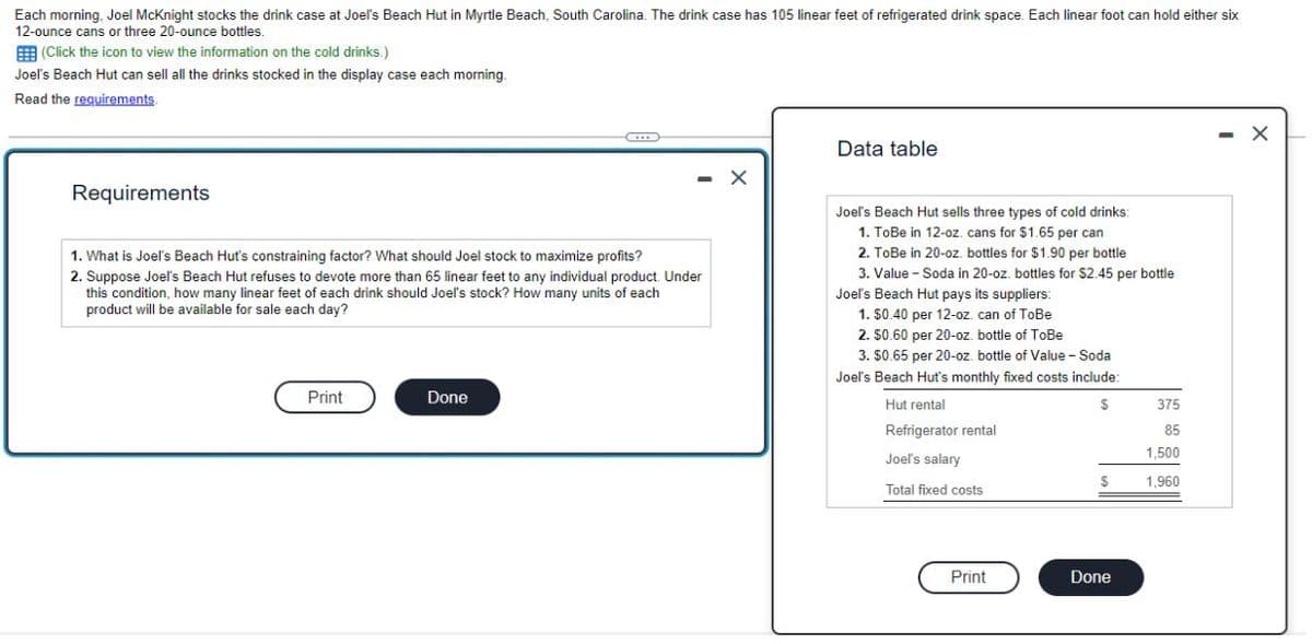 Each morning, Joel McKnight stocks the drink case at Joel's Beach Hut in Myrtle Beach, South Carolina. The drink case has 105 linear feet of refrigerated drink space. Each linear foot can hold either six
12-ounce cans or three 20-ounce bottles.
(Click the icon to view the information on the cold drinks.)
Joel's Beach Hut can sell all the drinks stocked in the display case each morning.
Read the requirements.
Requirements
Print
C
1. What is Joel's Beach Hut's constraining factor? What should Joel stock to maximize profits?
2. Suppose Joel's Beach Hut refuses to devote more than 65 linear feet to any individual product. Under
this condition, how many linear feet of each drink should Joel's stock? How many units of each
product will be available for sale each day?
Done
- X
Data table
Joel's Beach Hut sells three types of cold drinks:
1. ToBe in 12-oz. cans for $1.65 per can
2. ToBe in 20-oz. bottles for $1.90 per bottle
3. Value - Soda in 20-oz. bottles for $2.45 per bottle
Joel's Beach Hut pays its suppliers:
1. $0.40 per 12-oz. can of ToBe
2. $0.60 per 20-oz. bottle of ToBe
3. $0.65 per 20-oz. bottle of Value - Soda
Joel's Beach Hut's monthly fixed costs include:
$
Hut rental
Refrigerator rental
Joel's salary
Total fixed costs
Print
$
Done
375
85
1,500
1,960
X