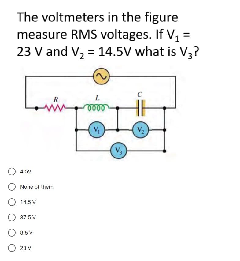 The voltmeters in the figure
measure RMS voltages. If V, =
23 V and V, = 14.5V what is V3?
C
R
L
V
V2
V3
4.5V
None of them
14.5 V
37.5 V
8.5 V
23 V
