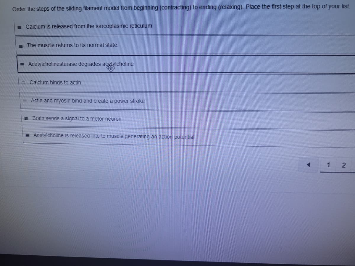 Order the steps of the sliding filament model from beginning (contracting) to ending (relaxing). Place the first step at the top of your list.
= Calcium is released from the sarcoplasmic reticulum
= The muscle returns to its normal state.
= Acetylcholinesterase degrades acetylcholine
= Calcium binds to actin
= Actin and myosin bind and create a power stroke
=Brain sends a signal to a motor neuron
= Acetylcholine is released into to muscle generating an action potential
2.
