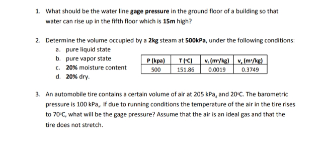 1. What should be the water line gage pressure in the ground floor of a building so that
water can rise up in the fifth floor which is 15m high?
2. Determine the volume occupied by a 2kg steam at 500kPa, under the following conditions:
a. pure liquid state
b. pure vapor state
c. 20% moisture content
d. 20% dry.
P (kpa)
T(°C) v, (m³/kg) | v, (m³/kg)
151.86
500
0.0019
0.3749
3. An automobile tire contains a certain volume of air at 205 kPa, and 20°C. The barometric
pressure is 100 kPa,. If due to running conditions the temperature of the air in the tire rises
to 70°C, what will be the gage pressure? Assume that the air is an ideal gas and that the
tire does not stretch.
