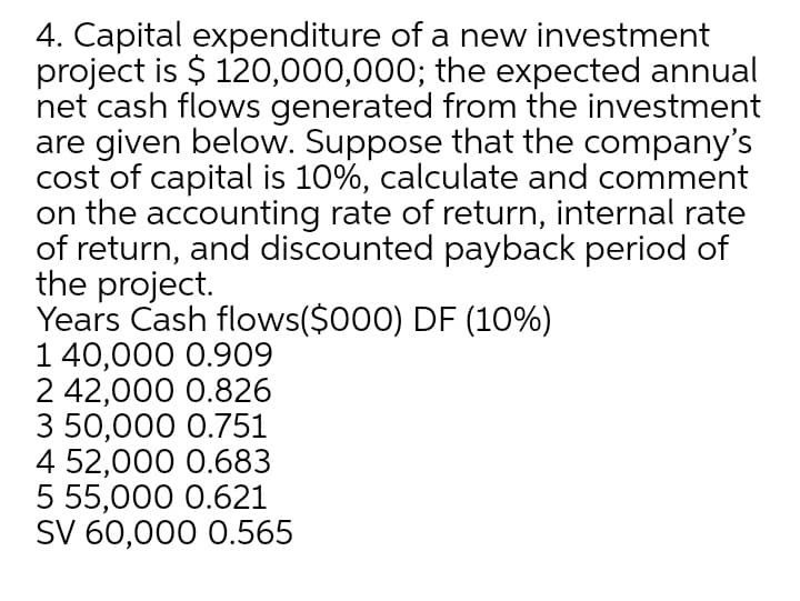 4. Capital expenditure of a new investment
project is $ 120,000,000; the expected annual
net cash flows generated from the investment
are given below. Suppose that the company's
cost of capital is 10%, calculate and comment
on the accounting rate of return, internal rate
of return, and discounted payback period of
the project.
Years Cash flows($000) DF (10%)
1 40,000 0.909
2 42,000 0.826
3 50,000 0.751
4 52,000 0.683
5 55,000 0.621
SV 60,000 0.565
