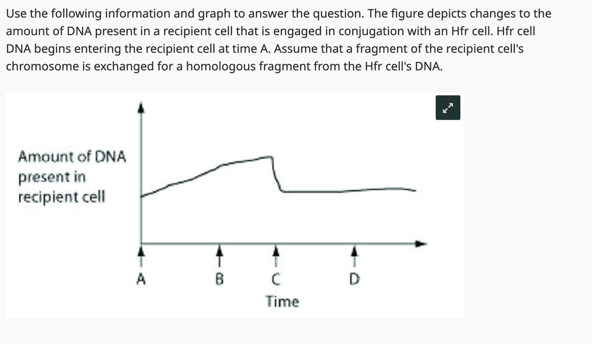 Use the following information and graph to answer the question. The figure depicts changes to the
amount of DNA present in a recipient cell that is engaged in conjugation with an Hfr cell. Hfr cell
DNA begins entering the recipient cell at time A. Assume that a fragment of the recipient cell's
chromosome is exchanged for a homologous fragment from the Hfr cell's DNA.
Amount of DNA
present in
recipient cell
A
B
C
Time
D