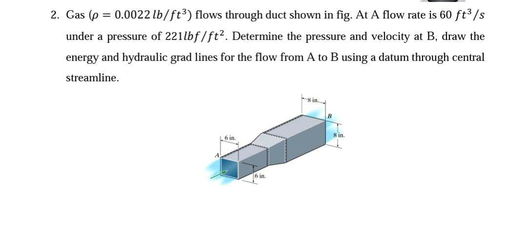 2. Gas (p = 0.0022 lb/ft3) flows through duct shown in fig. At A flow rate is 60 ft3/s
under a pressure of 221lbf/ft2. Determine the pressure and velocity at B, draw the
energy and hydraulic grad lines for the flow from A to B using a datum through central
streamline.
8 in.
1 6 in.
8 in.
6 in.

