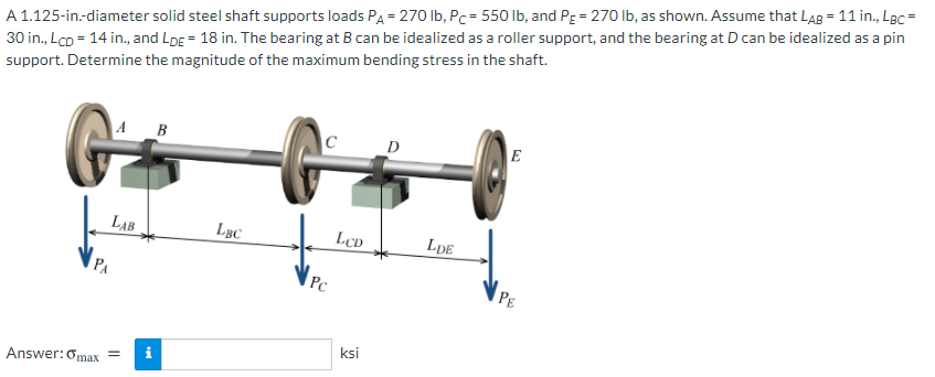 A 1.125-in-diameter solid steel shaft supports loads PA = 270 Ib, Pc = 550 lb, and PE = 270 Ib, as shown. Assume that LAAB = 11 in., Lgc=
30 in., LcD = 14 in., and LDE = 18 in. The bearing at B can be idealized as a roller support, and the bearing at D can be idealized as a pin
support. Determine the magnitude of the maximum bending stress in the shaft.
A
B
D
E
LAB
LBC
LCD
LDE
Pc
PE
ksi
i
Answer:Omax
