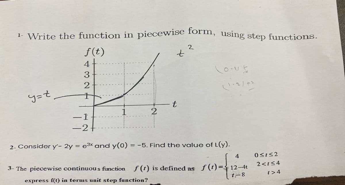 ¹- Write the function in piecewise form, using step functions.
2
f(t)
y=t
t
3
144
2
t
2
10-115/2
(1-2) +=
-1
-2+
2- Consider y'- 2y = e³x and y(0) = = -5. Find the value of L(y).
3- The piecewise continuous function f(t) is defined as
express f(t) in terms unit step function?
4
12-4t
t-8
0≤1≤2
2 <1 ≤4
t> 4