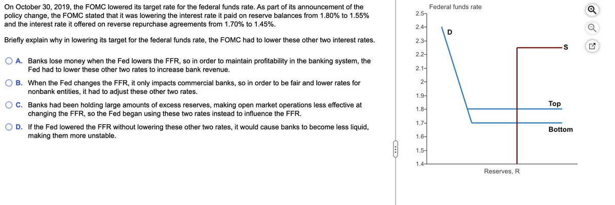 On October 30, 2019, the FOMC lowered its target rate for the federal funds rate. As part of its announcement of the
policy change, the FOMC stated that it was lowering the interest rate it paid on reserve balances from 1.80% to 1.55%
and the interest rate it offered on reverse repurchase agreements from 1.70% to 1.45%.
Briefly explain why in lowering its target for the federal funds rate, the FOMC had to lower these other two interest rates.
O A. Banks lose money when the Fed lowers the FFR, so in order to maintain profitability in the banking system, the
Fed had to lower these other two rates to increase bank revenue.
B. When the Fed changes the FFR, it only impacts commercial banks, so in order to be fair and lower rates for
nonbank entities, it had to adjust these other two rates.
C. Banks had been holding large amounts of excess reserves, making open market operations less effective at
changing the FFR, so the Fed began using these two rates instead to influence the FFR.
D. If the Fed lowered the FFR without lowering these other two rates, it would cause banks to become less liquid,
making them more unstable.
C
2.5-
2.4-
2.3-
2.2-
2.1-
2-
1.9-
1.8-
1.7-
1.6-
1.5-
1.4-
Federal funds rate
D
Reserves, R
S
Top
Bottom
O
Ly