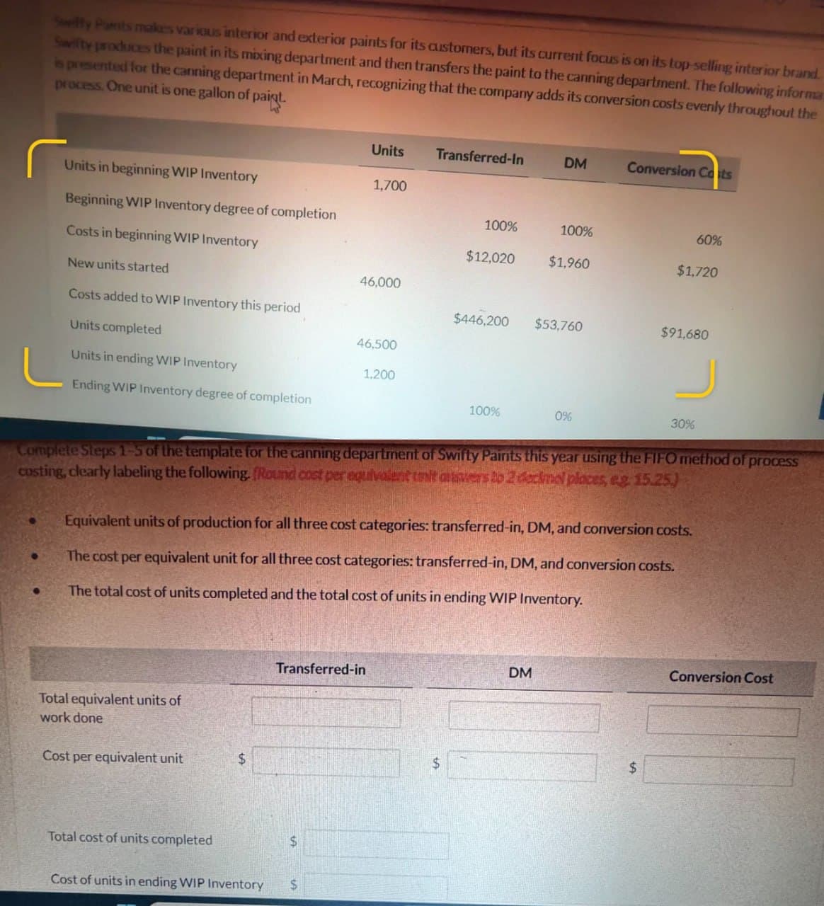 Swifty Paints makes various interior and exterior paints for its customers, but its current focus is on its top-selling interior brand.
Swifty produces the paint in its mixing department and then transfers the paint to the canning department. The following informa
is presented for the canning department in March, recognizing that the company adds its conversion costs evenly throughout the
process. One unit is one gallon of paigt.
●
Units in beginning WIP Inventory
Beginning WIP Inventory degree of completion
Costs in beginning WIP Inventory
New units started
Costs added to WIP Inventory this period
Units completed
Units in ending WIP Inventory
Ending WIP Inventory degree of completion
Total equivalent units of
work done
Cost per equivalent unit
Total cost of units completed
$
Cost of units in ending WIP Inventory
Units
$
1,700
46,000
$
46,500
Transferred-in
1,200
Transferred-In
100%
$12,020
$
$446,200
100%
Complete Steps 1-5 of the template for the canning department of Swifty Paints this year using the FIFO method of process
costing, clearly labeling the following. (Round cost per equivalent tant atwers to 2 decimal places, eg 15.25.)
Equivalent units of production for all three cost categories: transferred-in, DM, and conversion costs.
The cost per equivalent unit for all three cost categories: transferred-in, DM, and conversion costs.
The total cost of units completed and the total cost of units in ending WIP Inventory.
DM
100%
$1,960
DM
$53,760
0%
Conversion Costs
$1,720
$
60%
$91,680
30%
Conversion Cost