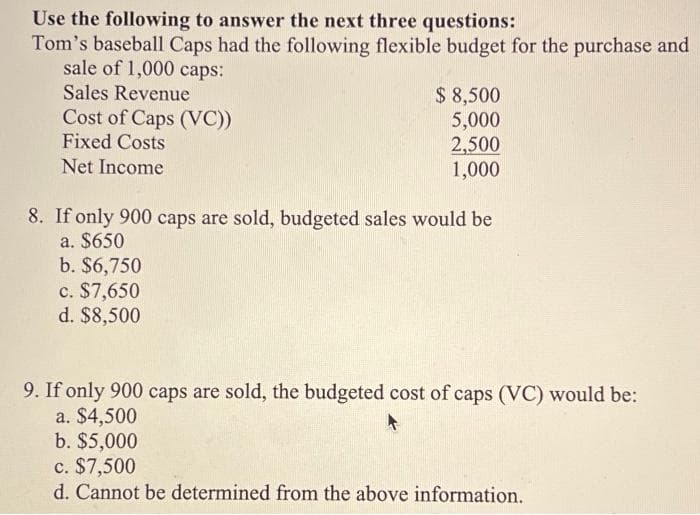 Use the following to answer the next three questions:
Tom's baseball Caps had the following flexible budget for the purchase and
sale of 1,000 caps:
Sales Revenue
Cost of Caps (VC))
Fixed Costs
Net Income
$ 8,500
5,000
2,500
1,000
8. If only 900 caps are sold, budgeted sales would be
a. $650
b. $6,750
c. $7,650
d. $8,500
9. If only 900 caps are sold, the budgeted cost of caps (VC) would be:
a. $4,500
b. $5,000
c. $7,500
d. Cannot be determined from the above information.