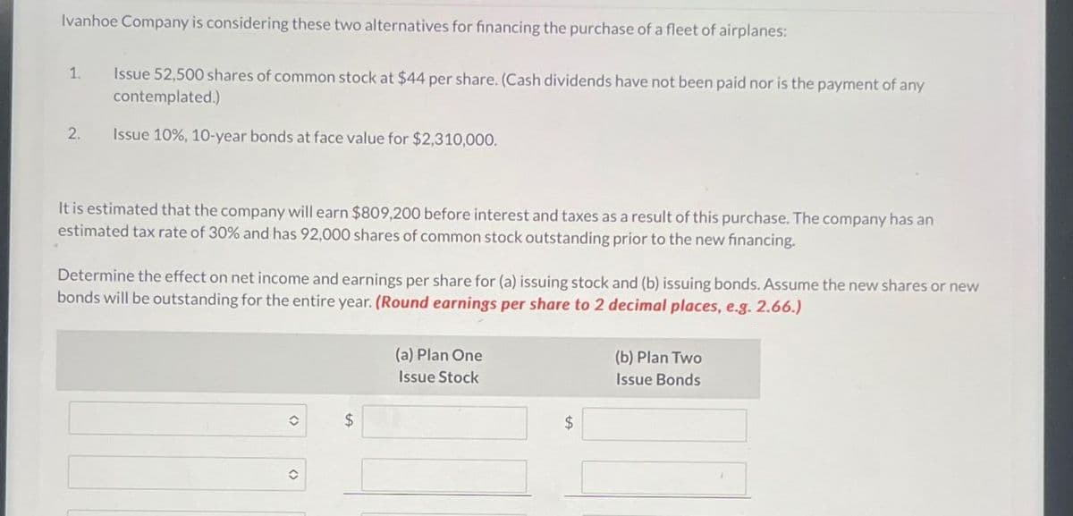 Ivanhoe Company is considering these two alternatives for financing the purchase of a fleet of airplanes:
1.
2.
Issue 52,500 shares of common stock at $44 per share. (Cash dividends have not been paid nor is the payment of any
contemplated.)
Issue 10%, 10-year bonds at face value for $2,310,000.
It is estimated that the company will earn $809,200 before interest and taxes as a result of this purchase. The company has an
estimated tax rate of 30% and has 92,000 shares of common stock outstanding prior to the new financing.
Determine the effect on net income and earnings per share for (a) issuing stock and (b) issuing bonds. Assume the new shares or new
bonds will be outstanding for the entire year. (Round earnings per share to 2 decimal places, e.g. 2.66.)
O
î
(a) Plan One
Issue Stock
$
(b) Plan Two
Issue Bonds