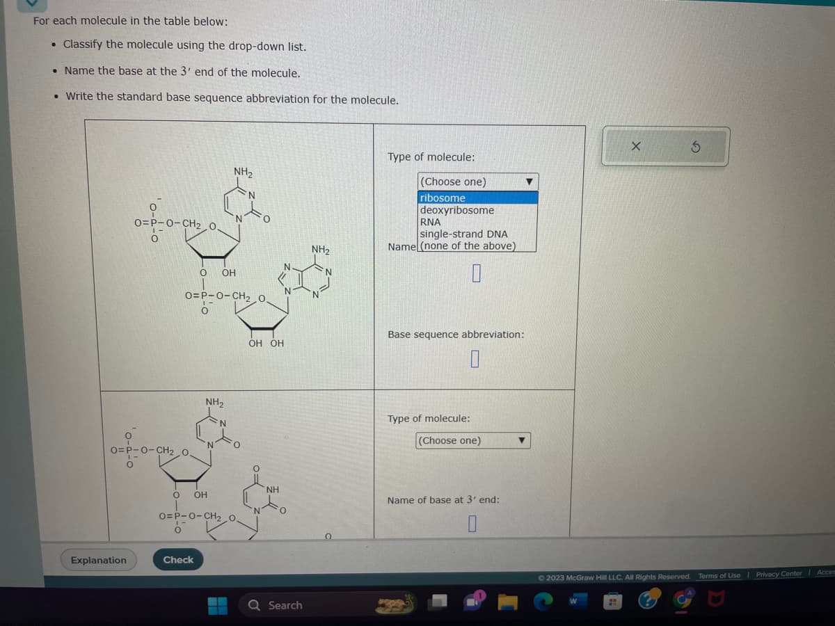 For each molecule in the table below:
• Classify the molecule using the drop-down list.
.
• Name the base at the 3' end of the molecule.
• Write the standard base sequence abbreviation for the molecule.
O=P-O-CH₂ 0.
O
Explanation
O
O=P-O-CH₂ O
O
O
O OH
O=P-O-CH₂,0.
O
O OH
Check
NH₂
NH₂
O=P-O-CH₂.0
O
N
OH OH
NH
N
O
Q Search
NH₂
Type of molecule:
(Choose one)
ribosome
deoxyribosome
RNA
single-strand DNA
Name (none of the above)
Base sequence abbreviation:
Type of molecule:
(Choose one)
Name of base at 3' end:
0
▼
▼
X
5
© 2023 McGraw Hill LLC. All Rights Reserved. Terms of Use | Privacy Center | Acces