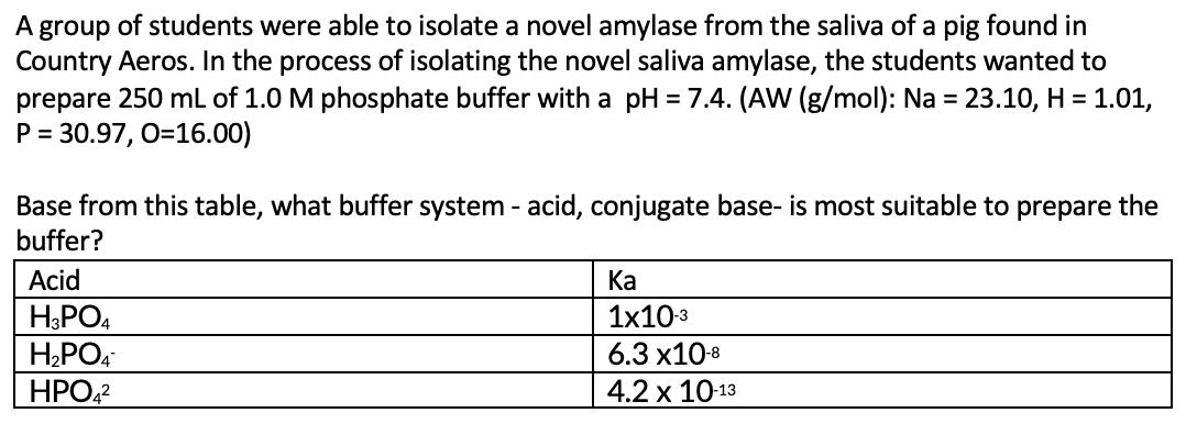 A group of students were able to isolate a novel amylase from the saliva of a pig found in
Country Aeros. In the process of isolating the novel saliva amylase, the students wanted to
prepare 250 mL of 1.0 M phosphate buffer with a pH = 7.4. (AW (g/mol): Na = 23.10, H = 1.01,
P = 30.97, O=16.00)
Base from this table, what buffer system - acid, conjugate base- is most suitable to prepare the
buffer?
Acid
Ка
H3PO4
1x10з
6.3 х108
HPO,?
4.2 x 10-13
