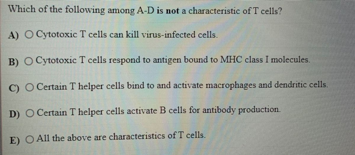 Which of the following among A-D is not a characteristic of T cells?
A) O Cytotoxic T cells can kill vius-infected cells.
111
B) O Cytotoxic T cells respond to antigen bound to MHC class I molecules,
0 O Certain T helper cells bind to and activate macrophages and dendritic cells.
D) O Certain T helper cells activate B cells for antibody production.
E) O All the above are characteristics of T cells.
