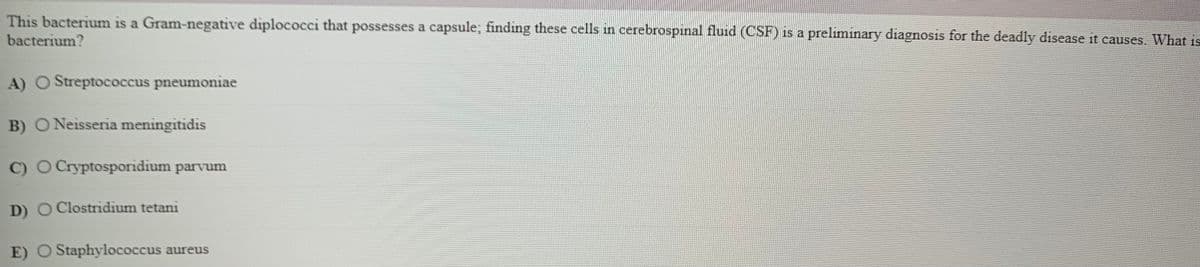 This bacterium is a Gram-negative diplococci that possesses a capsule; finding these cells in cerebrospinal fluid (CSF) is a preliminary diagnosis for the deadly disease it causes. What is
bacterium?
A) O Streptococcus pneumoniae
B) O Neisseria meningitidis
C) O Cryptosporidium parvum
D) O Clostridium tetani
E) O Staphylococcus aureus
